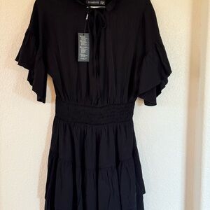 Honeyme Black Midi Dress with Ruffle Sleeves